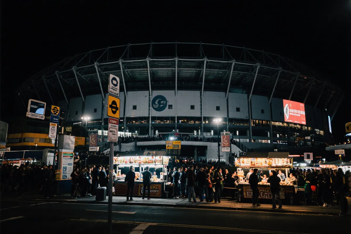 夜幕下的球场外立面与人群，街头小吃摊与公共交通指示牌